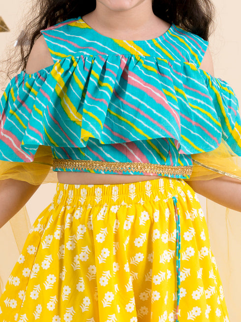 Girls Yellow Turquoise Blue Printed Ready To Wear Lehenga Blouse With Dupatta